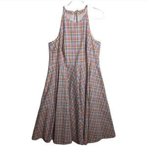 Eliza J Fit and Flare Dress Halter Neck Key Hole Back Colorful Plaid Pockets 16W